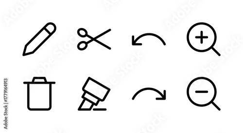 Essential UI Icon Set - Edit Delete Undo Redo and Zoom Editing Tool Elements
