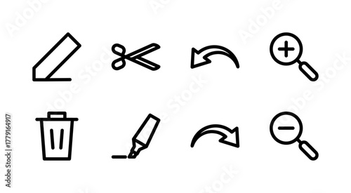 Essential UI Icon Set - Edit Delete Undo Redo and Zoom Editing Tool Elements