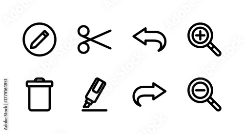 Essential UI Icon Set - Edit Delete Undo Redo and Zoom Editing Tool Elements