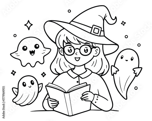 Cartoon witch reading a spellbook with cute ghosts