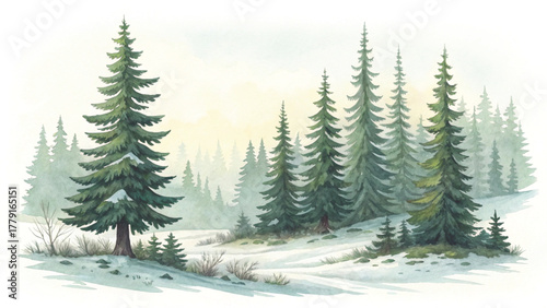 a group of snow-covered pine trees in a peaceful winter forest soft snow piles on the ground
