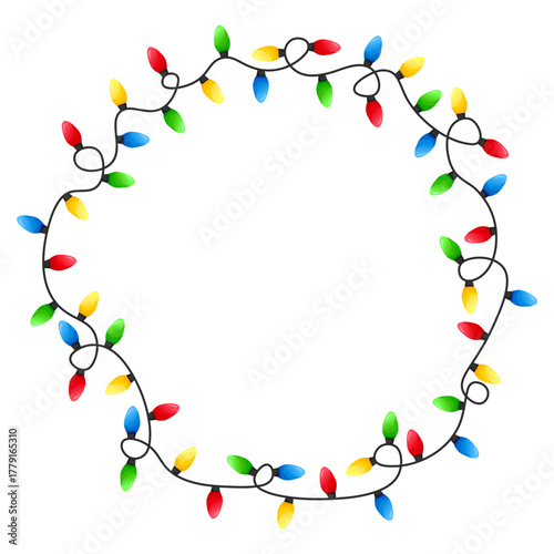 Vector image of Christmas lights. Festive decor and decoration made of colorful Christmas lights. Graphic element for your designs, Christmas cards, websites, banners, and posters.