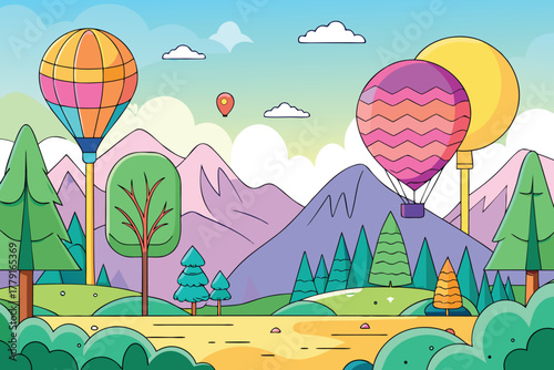 Colorful hot air balloons over a stylized forest landscape