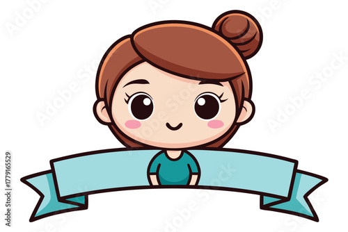 Cute cartoon girl with hair bun and blank blue ribbon