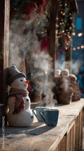 Holiday excitement. Snowman smiling near a cup of tea or coffee