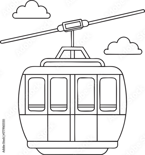 Cable car silhouette line art illustration with clouds sky and gondola transportation theme