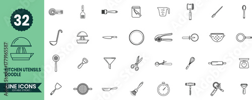 Kitchen Utensils Doodle Line Icons Set 32 Outline Vector Icons of Cooking Tools and Kitchen Equipment