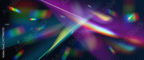 Abstract prism light flare on transparent black background. Vector realistic illustration of iridescent glass lens refraction, rainbow color rays, holographic confetti flying in air, overlay effect