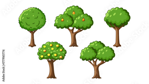 Variety of Trees: Five stylized trees, each showcasing a unique shape and lush green foliage, form a charming set, bringing a touch of nature's variety to the artistic scene.