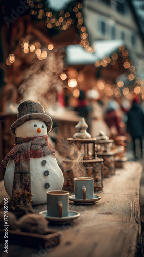 New year market. Snowman with joyful gifts and holiday sparkles in background.