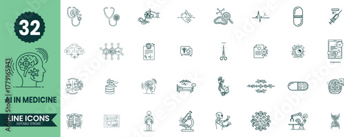 AI in Medicine Line Icons Set 32 Artificial Intelligence Healthcare, Medical Technology, and Digital Health Outline Vector Illustrations