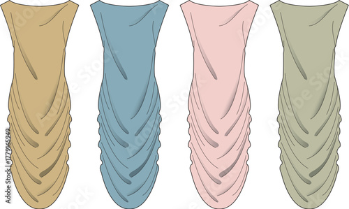 Versatile fashion concept of a contemporary draped mini-dress design, featuring elegant ruching details and presented in a selection of four distinct solid colors, perfect for modern style