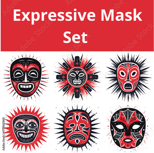 Expressive mask set with various designs in vibrant colors  