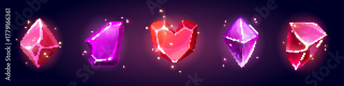 Game crystal gem set with magic diamond and jewel stone collection. Glowing gemstone shapes - heart, polygon cuts in pink, purple and red with sparkle effect for fantasy ui assets or treasure reward.
