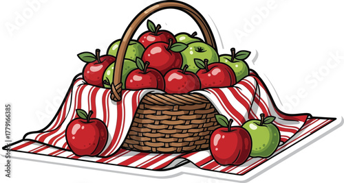Hand-drawn vector illustration of a wicker picnic basket filled with fresh red apples, strawberries, cherries, and healthy food items