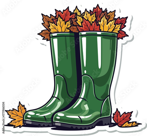 Vibrant green rubber boots standing in a pile of colorful autumn leaves, representing the fall season vector illustration