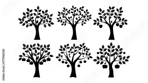 Silhouetted Trees: A collection of various tree silhouettes, perfect for nature-themed designs and illustrations, each one showcasing a unique shape and style, ready for your creative projects.