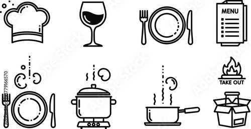 Set of black and white hand-drawn doodle icons related to cooking, food, kitchen, restaurant, and dining vector illustration