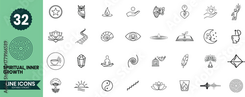 Spiritual Inner Growth Line Icons Set 32 Mindfulness and Meditation Outline Vector Illustrations