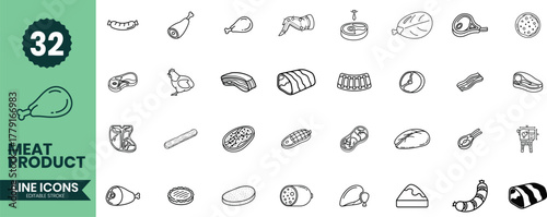 Meat Product Line Icons Set – 32 Butchery and Food Outline Vector Illustrations