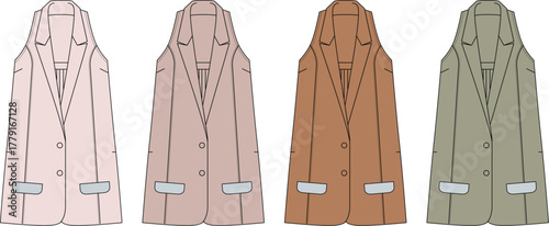Vector illustration set of a women's long vest with notched lapels and flap pockets. Apparel design flat sketch in four colors