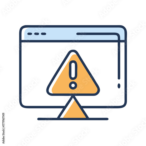 Warning notification icon on computer screen, digital alert in flat design style