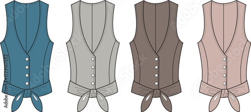A stylish collection of classic women's sleeveless vests, perfect for elegant layering in various colors with a chic tie-front detail, illustrating versatile fashion choices