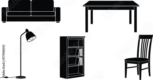 Set of black and white solid silhouette furniture and interior icons for home, office, and living spaces vector illustration