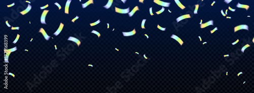 Rainbow holographic confetti with iridescent light effect on dark transparent background. Festive glitter particles in pastel gradient colors for party celebration and decorative overlay design.