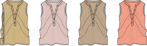 Sleeveless Blouse Flat Sketch Set Women's V-neck tops with button placket and front pockets, shown in warm, neutral colors for apparel design, fashion illustration