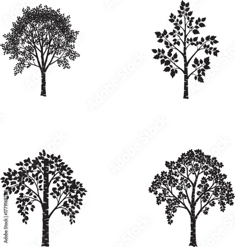 Tree icon set – black silhouette illustrations of diverse tree shapes and foliage patterns for botanical design, nature branding, and landscape visuals.