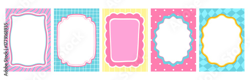 Wavy scallop frames set isolated on white background. Vector cartoon illustration of bright color borders with abstract dot, line, checkered patterns, oval and rectangle templates for cute kid posters