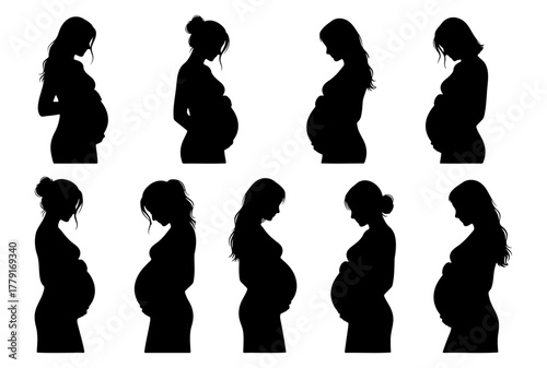 Set of black silhouettes of a pregnant woman, collection of maternity and pregnancy profile illustrations