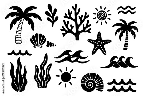 Set of black beach elements with palm tree, seashell, coral, starfish, sun, seaweed, and ocean wave icons