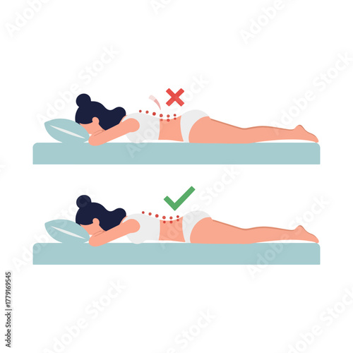 Stomach sleeping posture, showing correct and incorrect spinal alignment for healthy sleep, ergonomic design