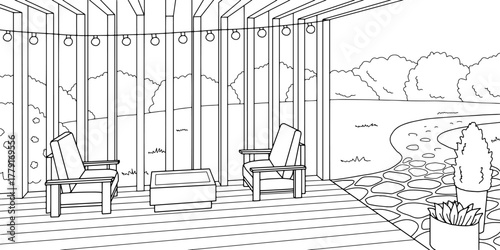 Terrace garden graphic black white sketch illustration vector