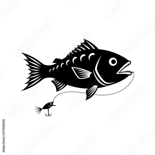 Stylized black and white illustration of a predatory fish hooked on a fishing lure, isolated vector graphic
