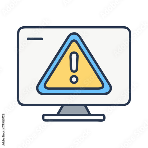 Computer monitor displaying warning sign, digital alert in flat design style