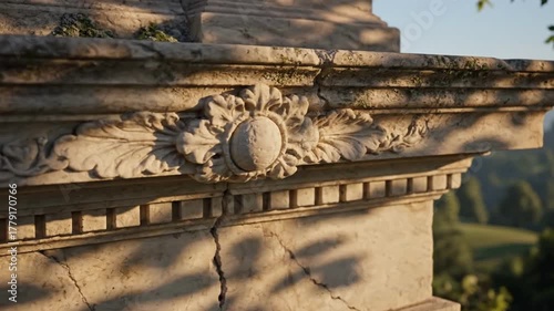 Ornate Neoclassical Stone Cornice with Cracks and Weathering in Golden Hour Light