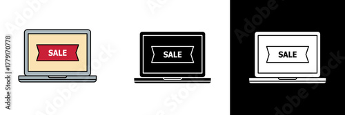 A laptop illustration with a red “SALE” banner on the screen, symbolizing online shopping discounts. The design is displayed in color, black, and white variations.