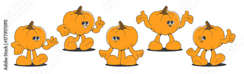 Retro pumpkin character set with groovy cartoon vegetable mascots in vintage autumn style. Cute expressive figures in cheerful poses - thumbs up, waving hands and playful gestures on white backdrop.