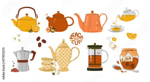 Cozy tea and coffee autumn vector set with teapot, coffeemakers and sweets
