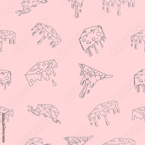 Melting cheese seamless pattern. Dripping cheddar slice repeat vector. Gooey cheese outline texture. Dairy snack slice wallpaper.Minimal melting cheddar background. Melting cheese slice pattern vector