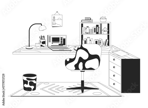 Organized home office interior 2D line object. L-shaped desk with swivel chair, laptop, bookshelf, eclectic rug and accessories isolated clipart vector ink outline item. Monochrome spot illustration