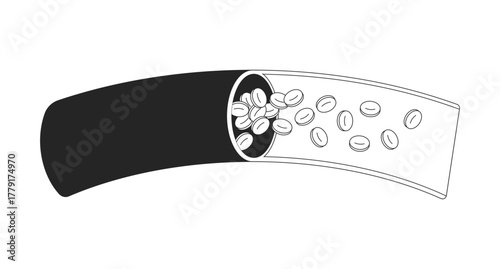Human artery cross-section with red blood cells outline illustration. Internal circulation. Erythrocytes flowing through vessel 2D line object isolated on white. Monochrome vector ink linear image