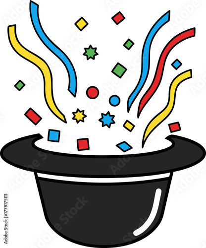 Colorful confetti and streamers fly out of a black inverted bowler hat. Celebration, magic, surprise, magic.