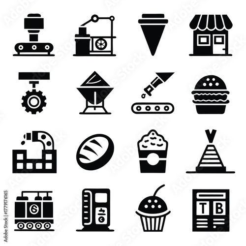 Illustration of various food production and manufacturing icons including food and industrial elements