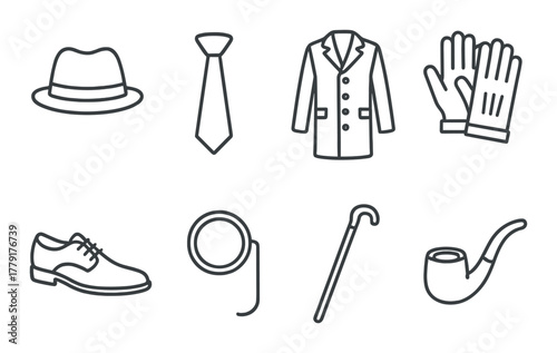Classic men's fashion icons: hat, tie, coat, gloves, shoe, monocle, cane, pipe illustrations