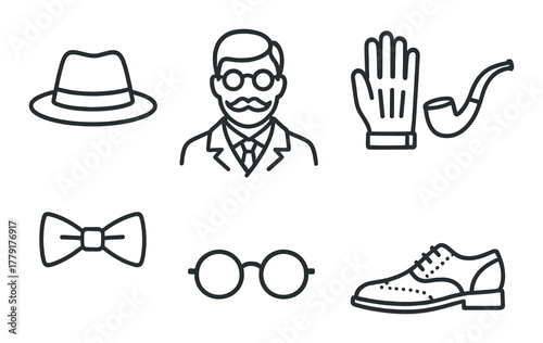 Vintage gentleman icons: hat, mustache, glasses, glove, pipe, bow tie, shoe