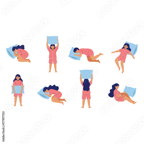 Vector illustration set of a young woman in various sleeping positions, holding a blue pillow, comfort, rest, and relaxation